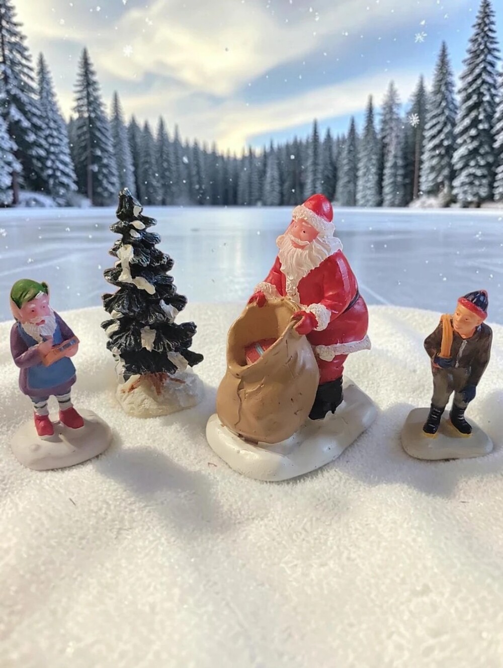 4 Vtg Lemax Christmas Figurines Santa Toy Bag Elf Ice Skater Pine Tree